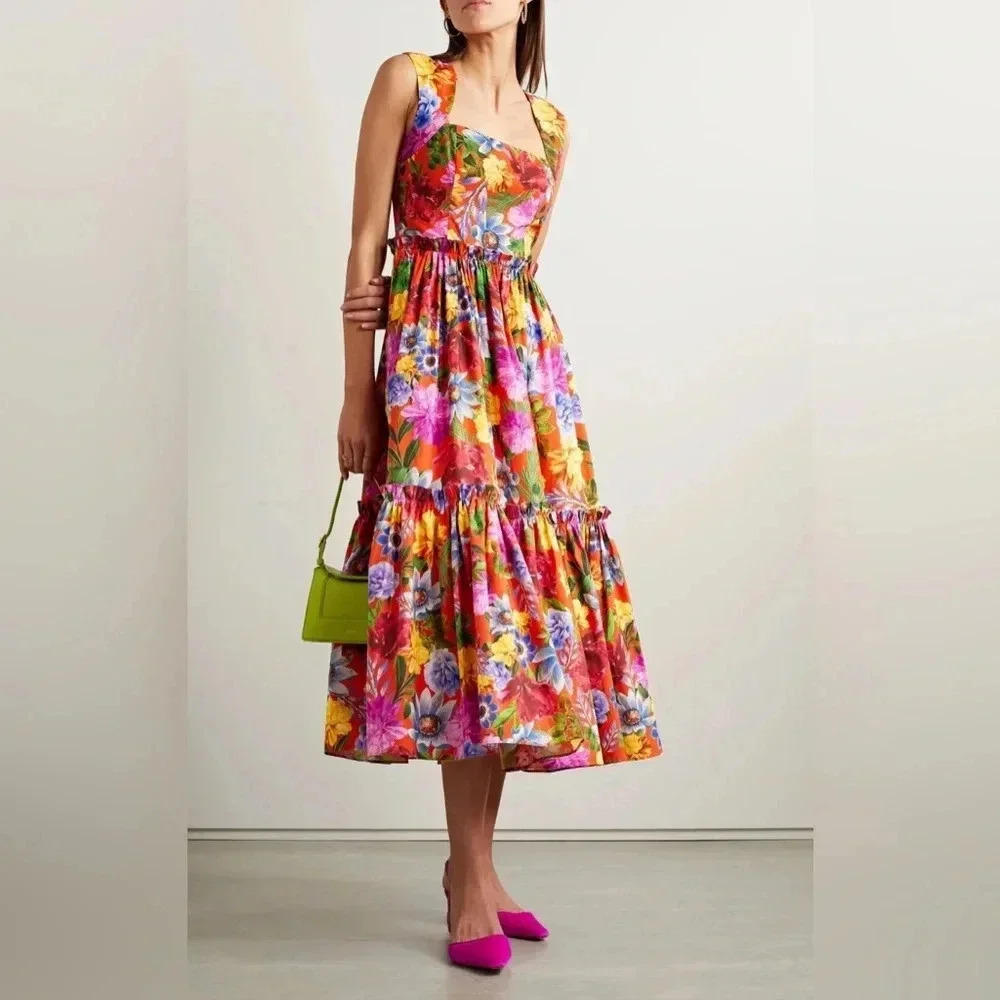 Cara Cara Claire Midi Dress Floral Fit Flare Square Neck Smocked Euro Summer 2